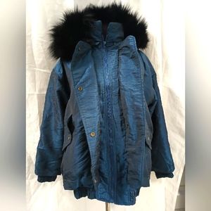 Vintage Casual Corner Down Real Fur Trim Hood Shark Skin Blue Jacket S